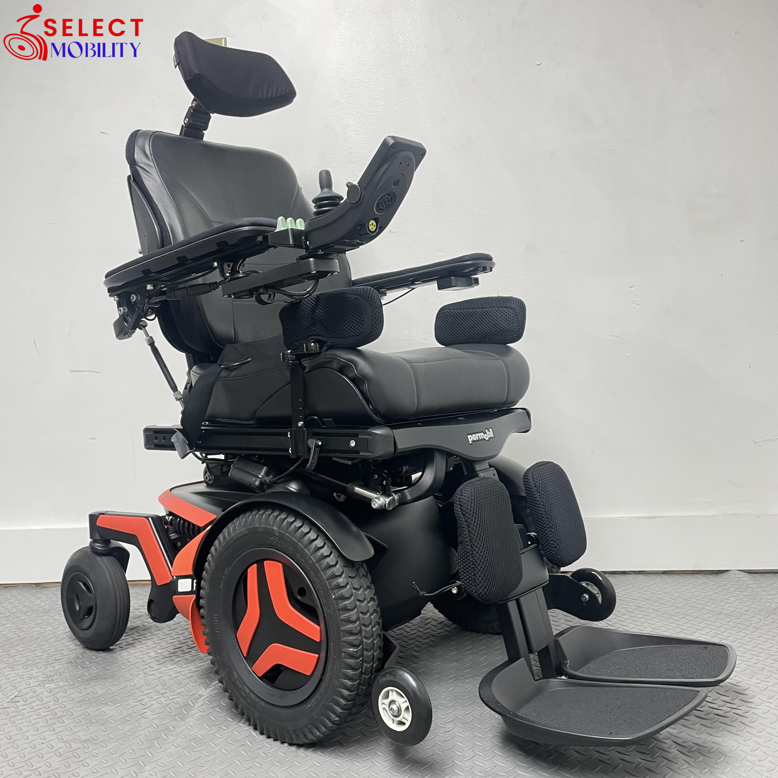 Permobil F3 Corpus power wheelchair front-left angle in upright driving position
