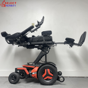 Permobil F3 Corpus power wheelchair fully reclined with extended legrests and headrest support