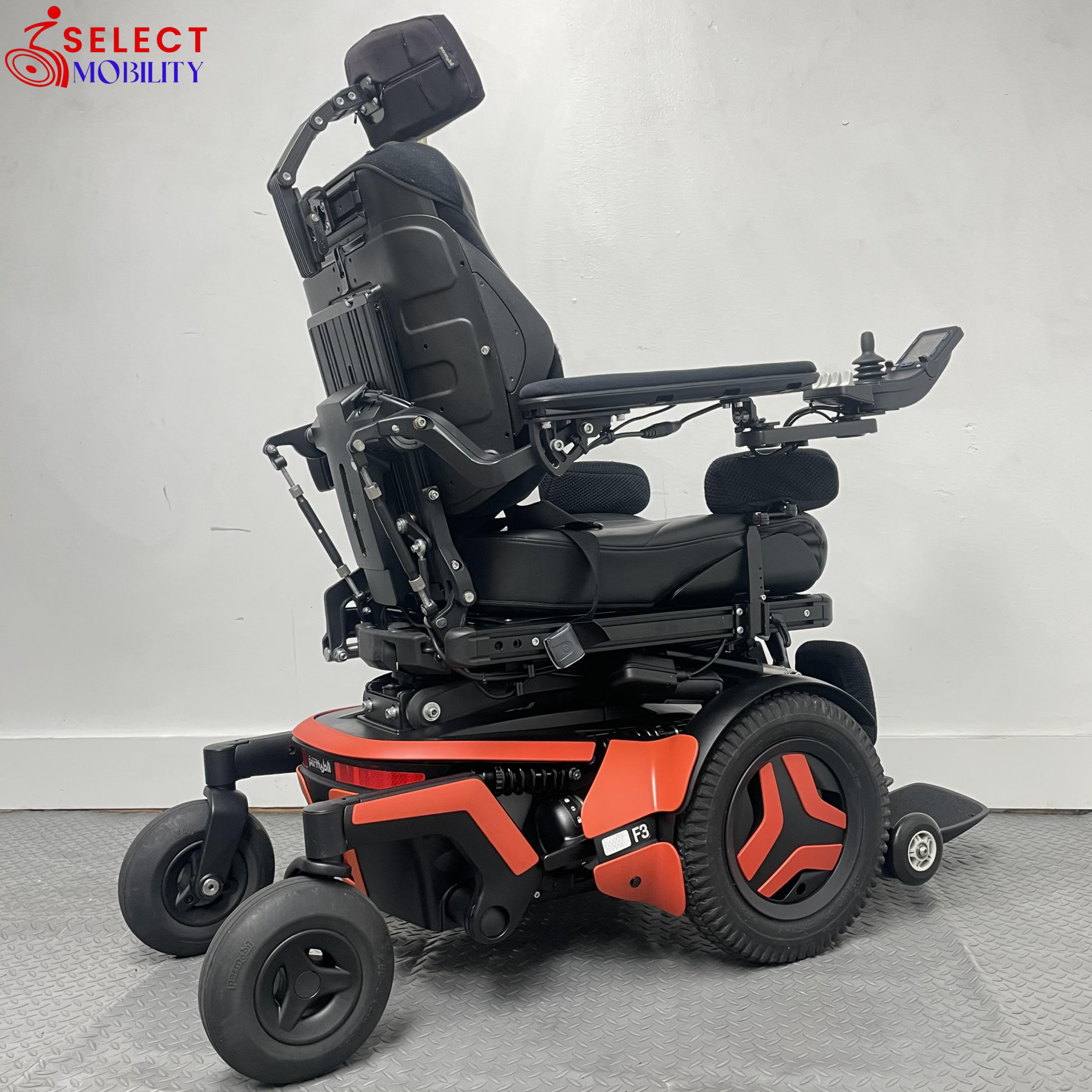 Permobil F3 Corpus power wheelchair rear profile in upright driving position