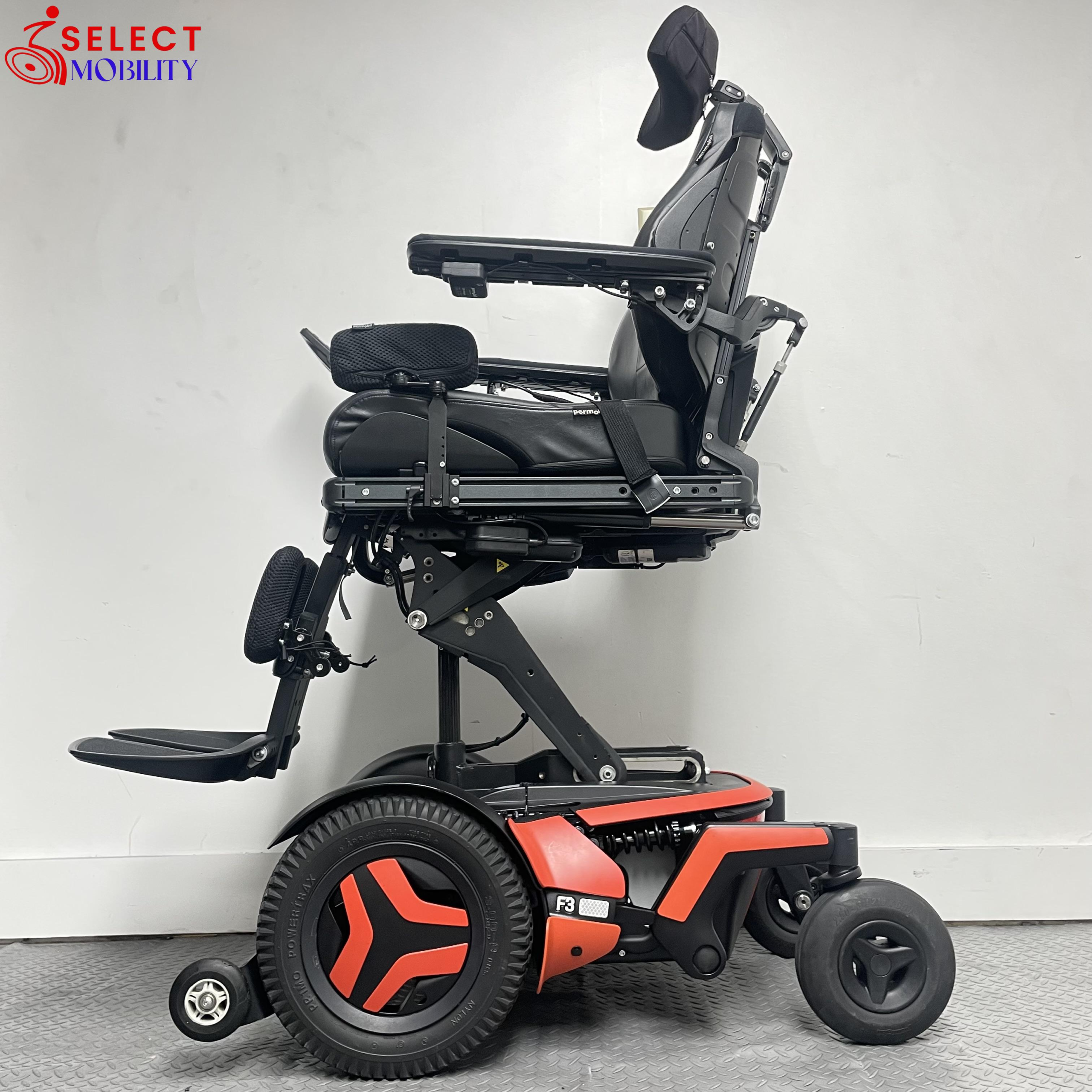 Permobil F3 Corpus power wheelchair fully elevated using 12-inch ActiveHeight seat lift