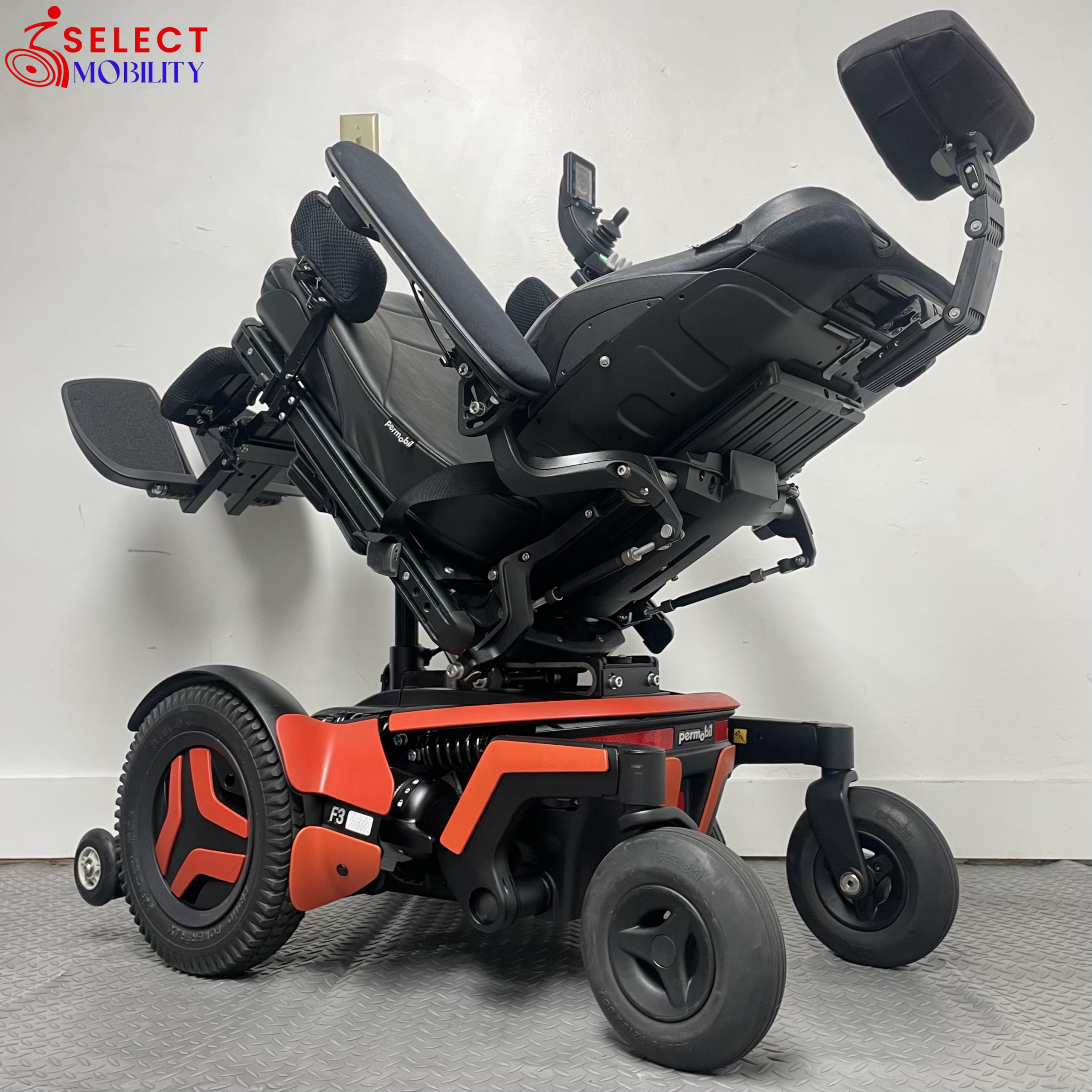 Permobil F3 Corpus power wheelchair tilted backward, rear angle view