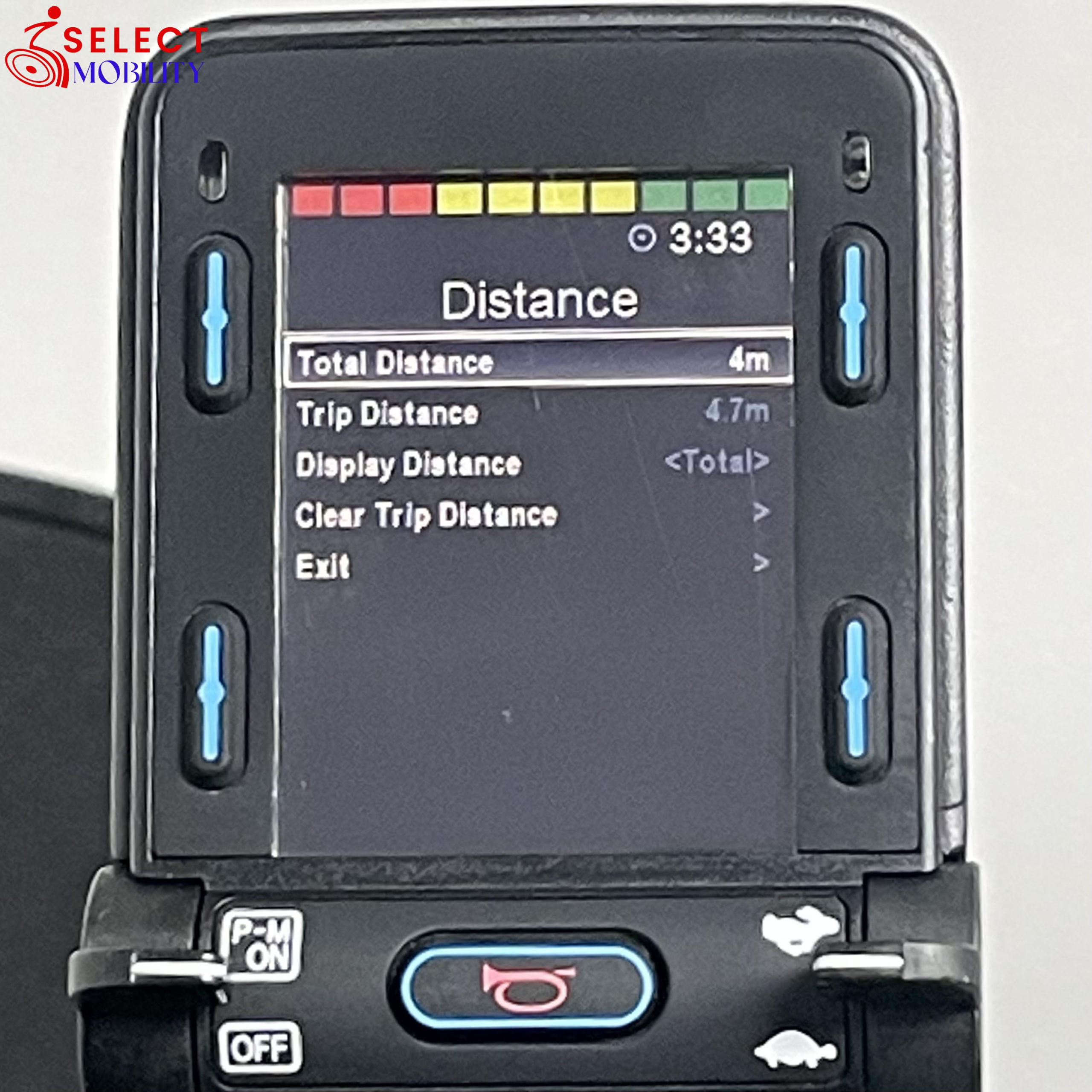 R-Net joystick display on Permobil F3 Corpus showing 4 miles total distance
